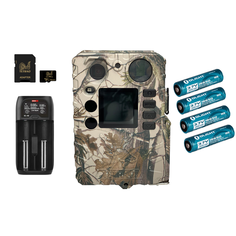 Set complet cameră de vânătoare TETRAO Strix 18 27Mpx + 4buc baterii, încărcător EMOS, card SD