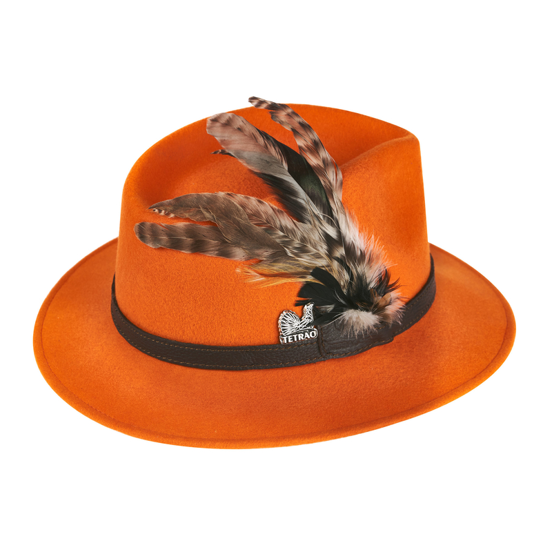Pălărie de vânătoare TETRAO pentru damă - portocaliu cu curea de piele și pene