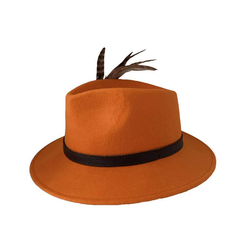 Pălărie de vânătoare TETRAO pentru damă - portocaliu cu curea de piele și pene 3