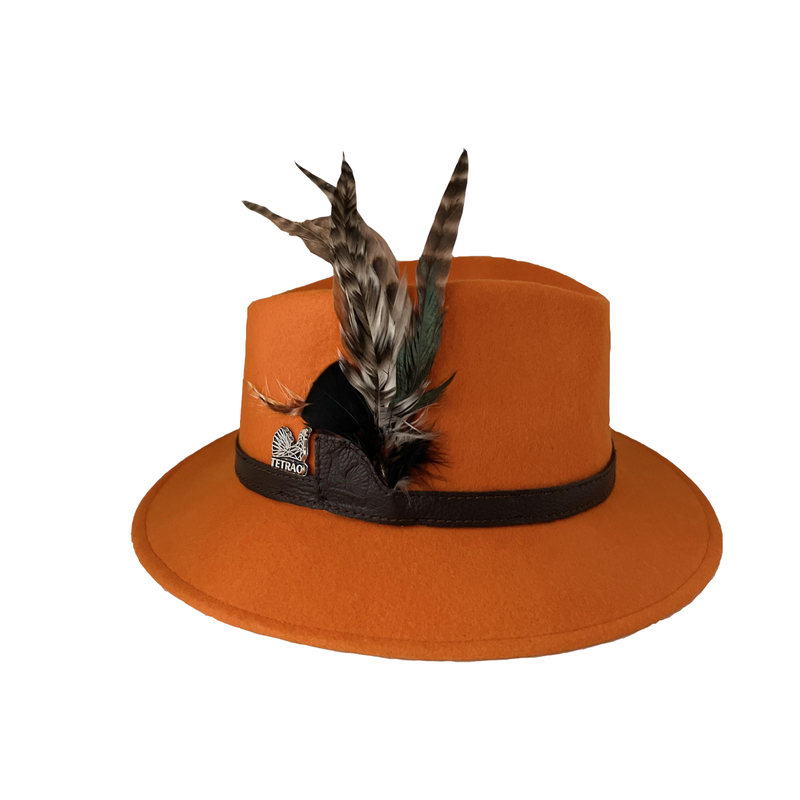Pălărie de vânătoare TETRAO pentru damă - portocaliu cu curea de piele și pene 2