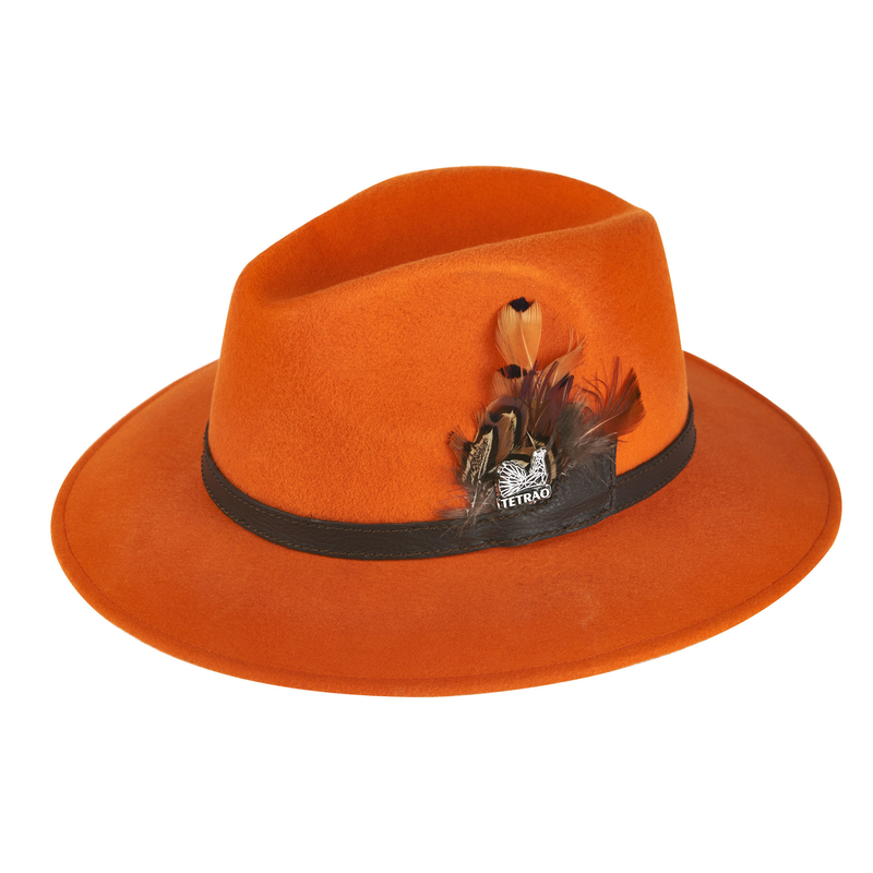 Pălărie de vânătoare TETRAO - portocaliu cu curea de piele și pene – uni