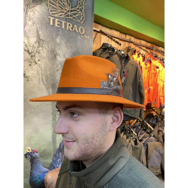 Pălărie de vânătoare TETRAO - portocaliu cu curea de piele și pene – uni 4