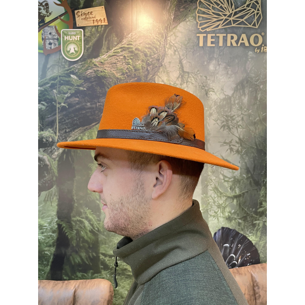 Pălărie de vânătoare TETRAO - portocaliu cu curea de piele și pene – uni 5